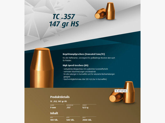 500St. H&N Geschosse .357 / 9mm TC HS 147grs - Kegelstumpf-Geschoss | Haendler&Nattermann High Speed