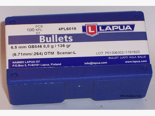 100St. LAPUA Geschosse 6,5mm(.264Dia.) - 136 - OTM-SCENAR-L - HPBT - #GB546