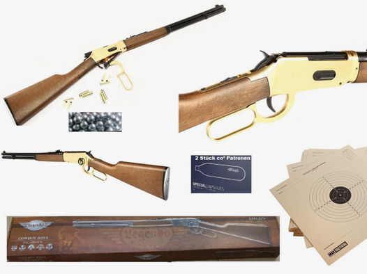 Legends Cowboy Rifle GOLD + 10 Ladehülsen + Munit. 300 Stck 4,5mm BB + 15 Zielsch. + 2 Co2 Kapseln