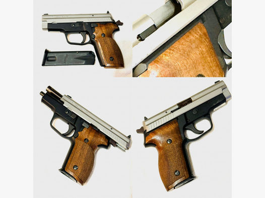 Pistole SIG Sauer P229 (two tone, Stainless) in 9mmLuger (Para) & edlen Holzgriffschalen Fangschuss