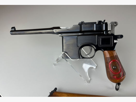 gut überarbeitete Mauser C96 rote Neun mit Anschlagkasten im Kal. 9 mm Luger