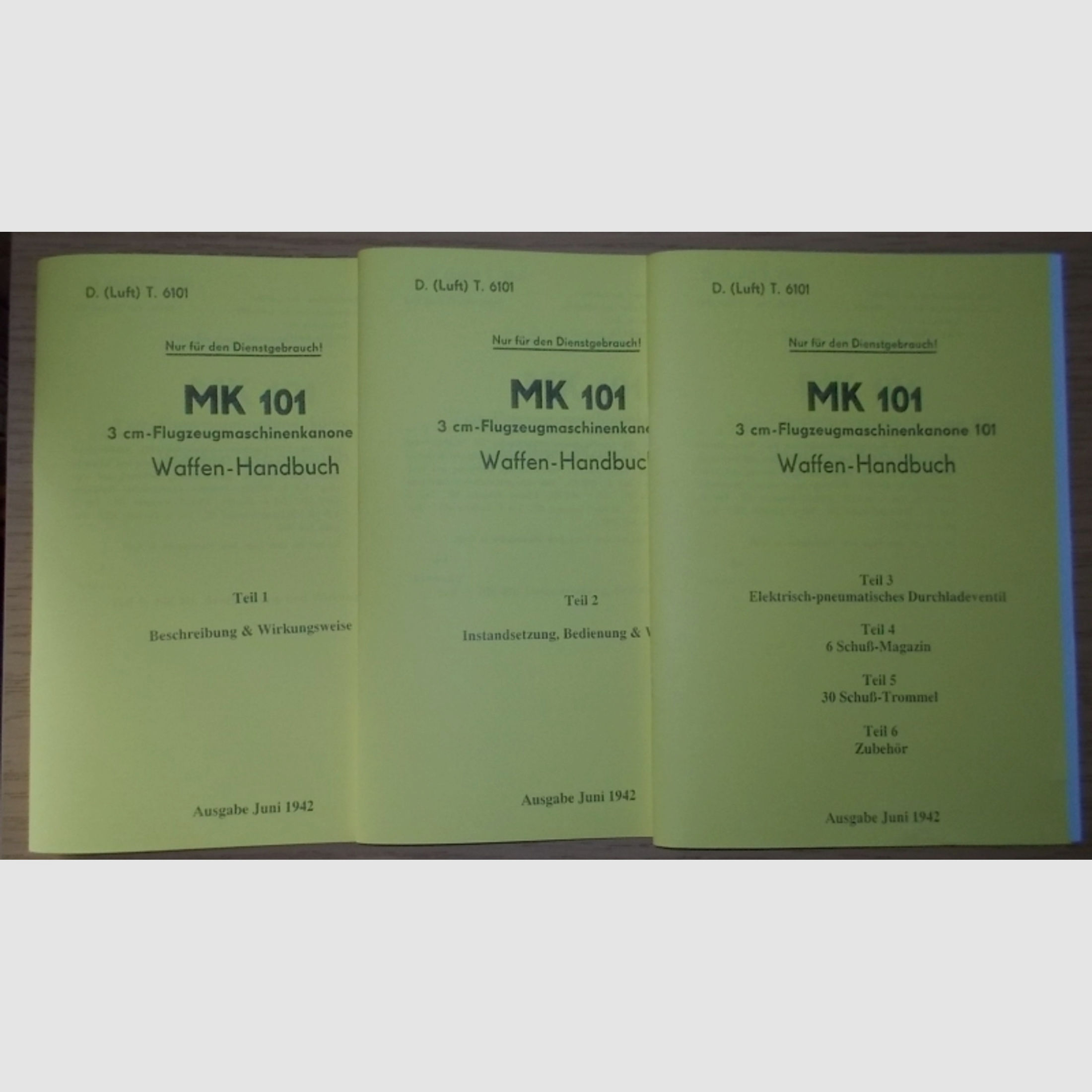 3 Hefte Beschreibung Maschinenkanone MK 101 (Teil 1-6) Luftwaffe 1942