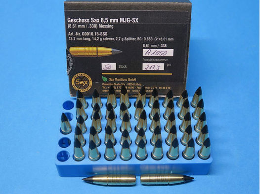 47 Messingjagdgeschosse SAX: MJG-SX, Kaliber .338", 8,5mm, 14,2 Gramm, 2,7 g Splitter