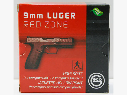 20 Schuss GECO 9mm Luger 9x19 JHP Fangschussmunition Hohlspitz RED ZONE 8,0g 124gr #2402932 STOPPWIR