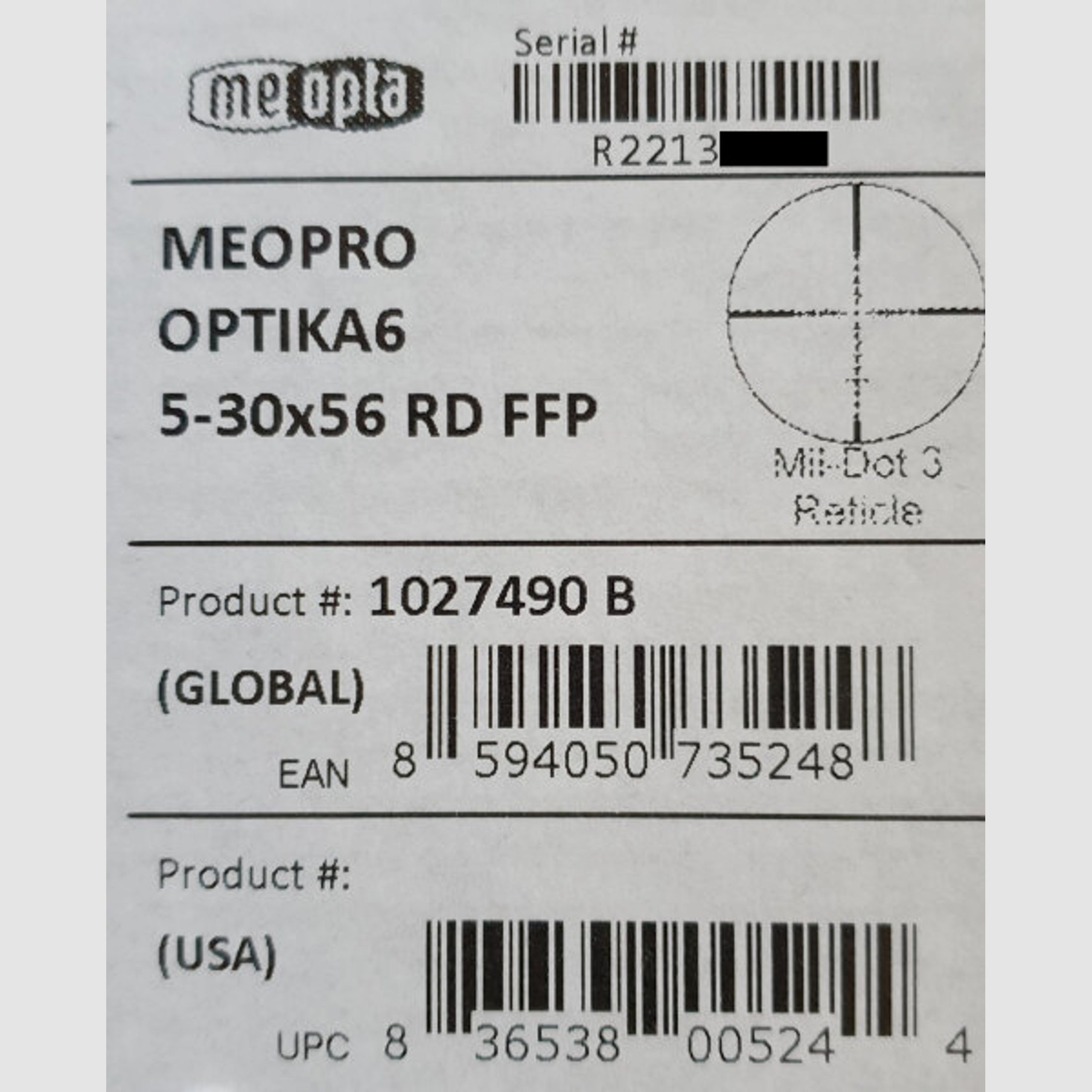 Neuware vom Fachhandel - Long Range Zielfernrohr Meopta OPTIKA6 5-30x56 RD FFP Absehen MilDot-3 LK