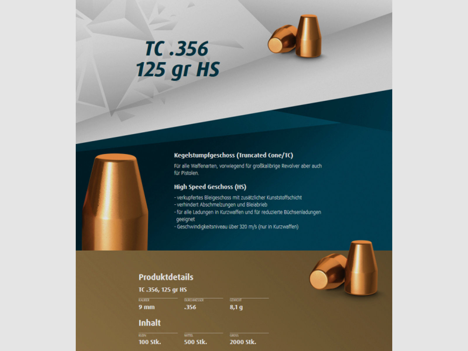 500St. H&N Geschosse .356 / 9mm TC HS 125grs - Kegelstumpf-Geschoss | Haendler&Nattermann High Speed