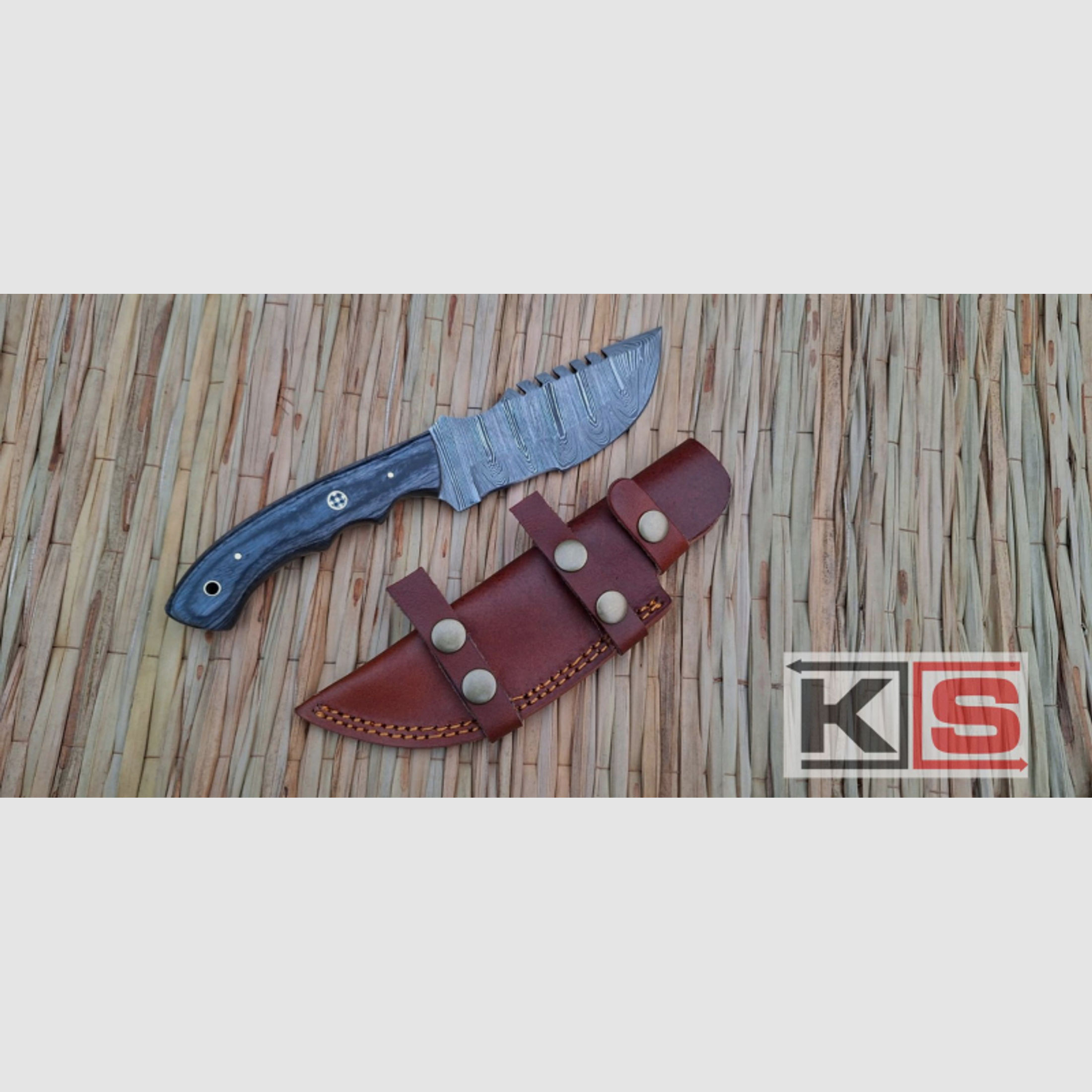 Handgeschmiedetes Damast Jagd & Survival Outdoor Messer mit Feder Damast Stahl und Lederscheide