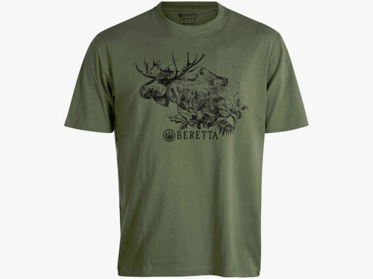 -60% BERETTA T-Shirt ELK grün 100% Baumwolle Rundhals | edles aufgedrucktes ELCH Motiv | Größe: M