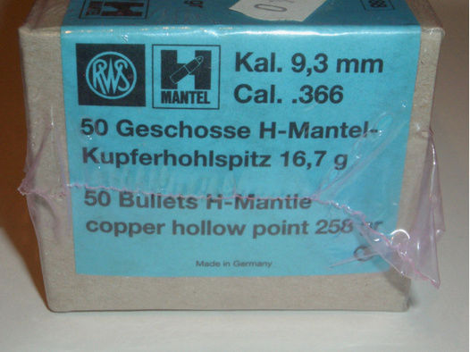50 originalverpackte RWS H-Mantel Kupferhohlspitz 9,3mm/.366 - 258gr