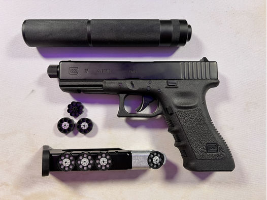 Glock 17 mit Laufgewinde Co2-Pistole Kaliber 4,5 mm Stahl BB / Diabolo Blowback (P18) + Schalldämpfe