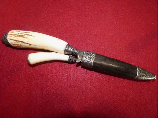 Jagdmesser, Messer mit Gabel in einer Scheide,Damastklinge