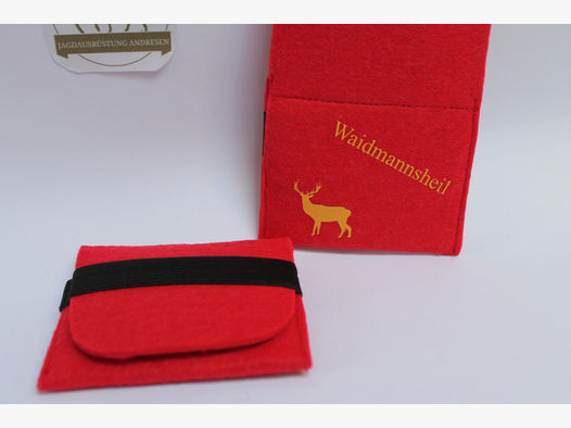 Patronen Etui aus Filz in Rot mit Hirsch Logo und Waidmannsheil