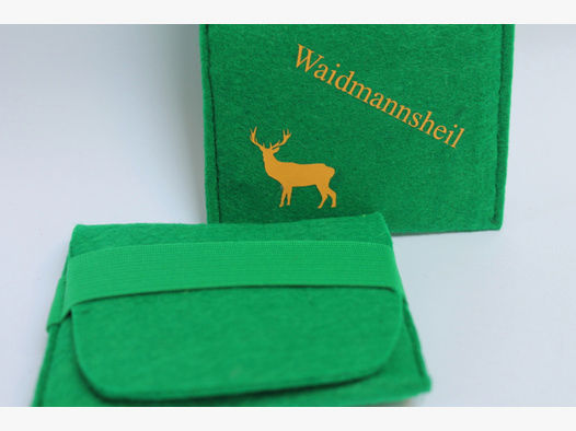 Patronen Etui aus Filz in Grün mit Hirsch Logo und Waidmannsheil