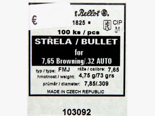 100 Stück S&B | Sellier&Bellot Geschosse #V319072 / 7,65Browning/.32Auto - .309/7,85- 73grs FMJ