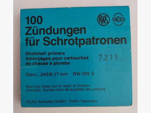 Zündungen für Schrotpatronen, 100 Stk. Shotshell primers 209, .243/6,17 mm