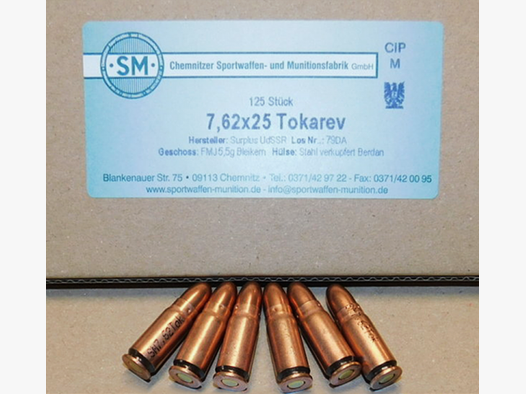 Surplus UdSSR 7,62x25 Tokarev FMJ 85 grs Pistolenpatronen