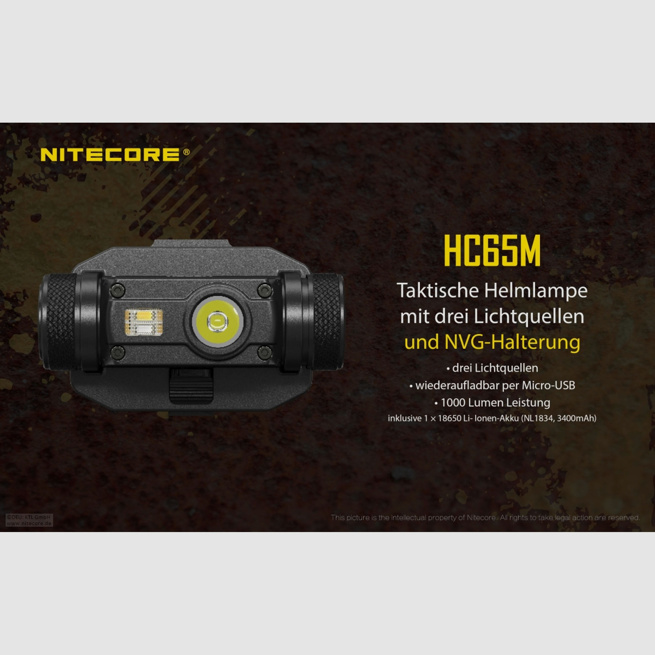 Nitecore HC65M Helmlampe HC65M 1000 Lumen 3 Lichtquellen inklusive Akku und NVG Halterung