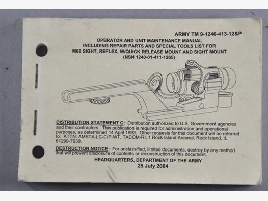 Original US-Dienstvorschrift für das Reflex-Visier M68 zum M16 Sturmgewehr