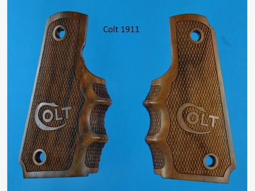 Nussbaum-Griffschalen für Colt 1911A1 Government mit Fingerrillen und Colt-Logo