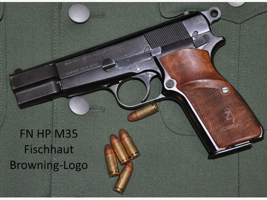 Nussbaumgriffschalen für Pistole FN HP M35 mit Browning-Logo