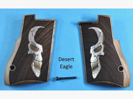 Nussbaum-Griffschalen für Desert-Eagle mit Totenkopf-Logo aus Metall