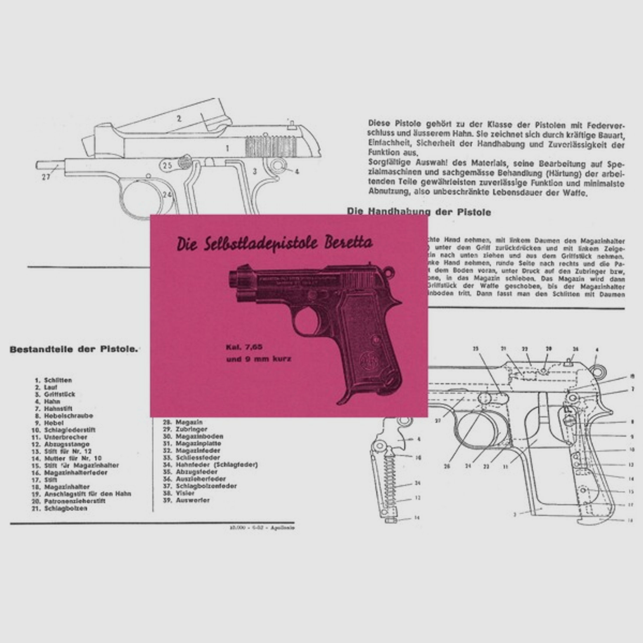 Nachdruck deutsche Bedienungsanleitung für Pistole Beretta Mod. 34 Cal. 7,65 und 9 mm kurz
