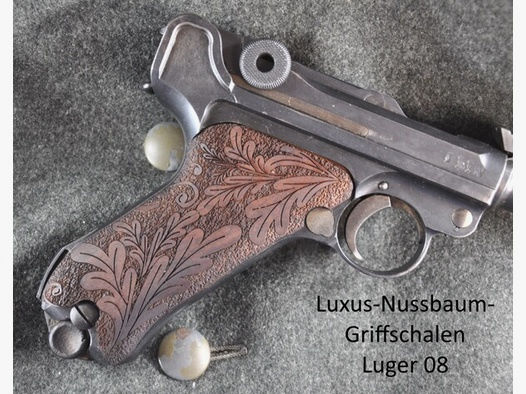 Nussbaum-Luxus-Griffschalen für Pistole Luger 08 mit Rankenverschneidung