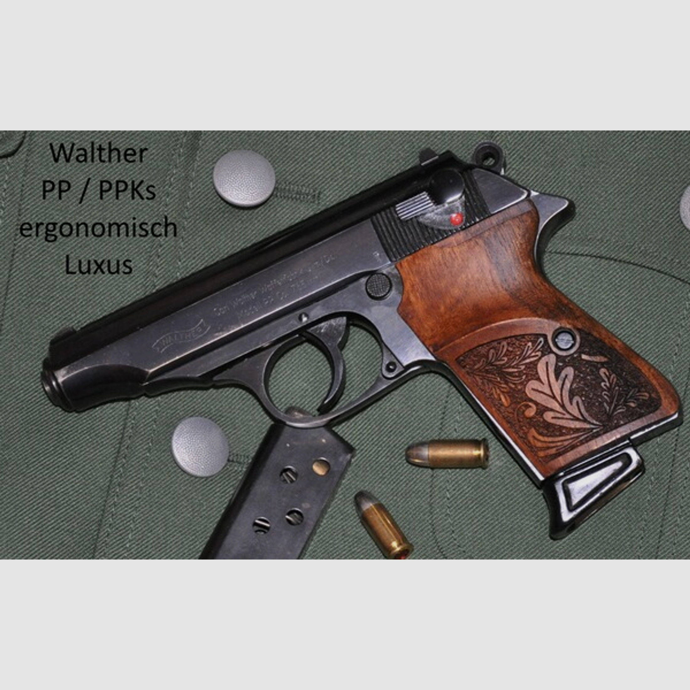 ergonomisch geformte Luxus-Griffschalen für Walther PP (nicht PPK) aus Nussbaum