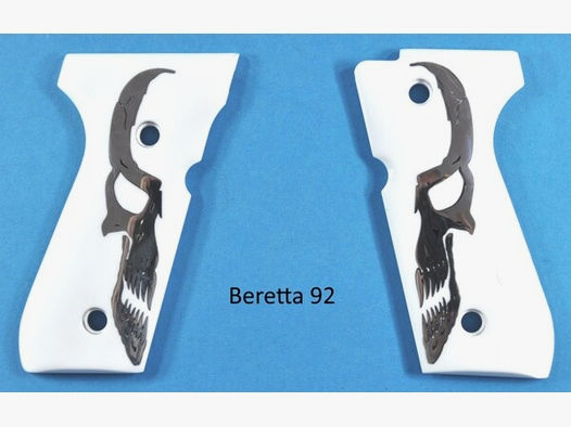 Weiße Griffschalen für Beretta 92 mit Totenkopf-Logo aus Metall