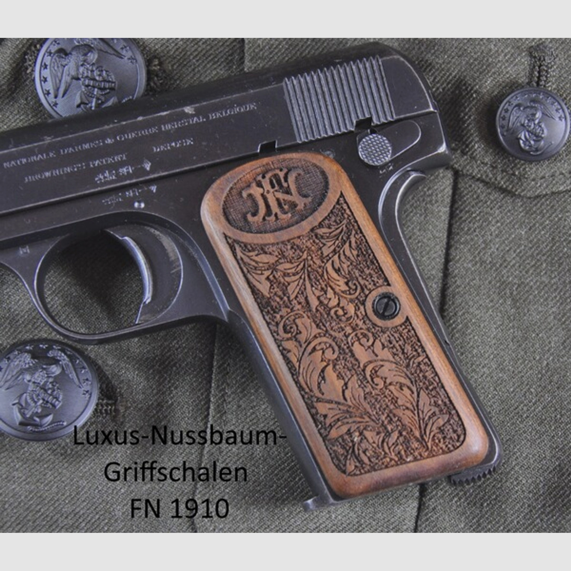 Luxus-Nussbaum-Griffschalen für Pistole FN 1910 mit Rankenverschneidung