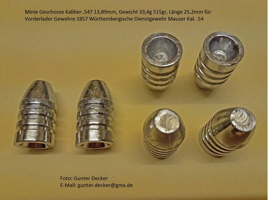 Minie Geschosse Kaliber .547 13,89mm, 515gr. Vorderlader Gewehr Mauser 1857 Württembergische