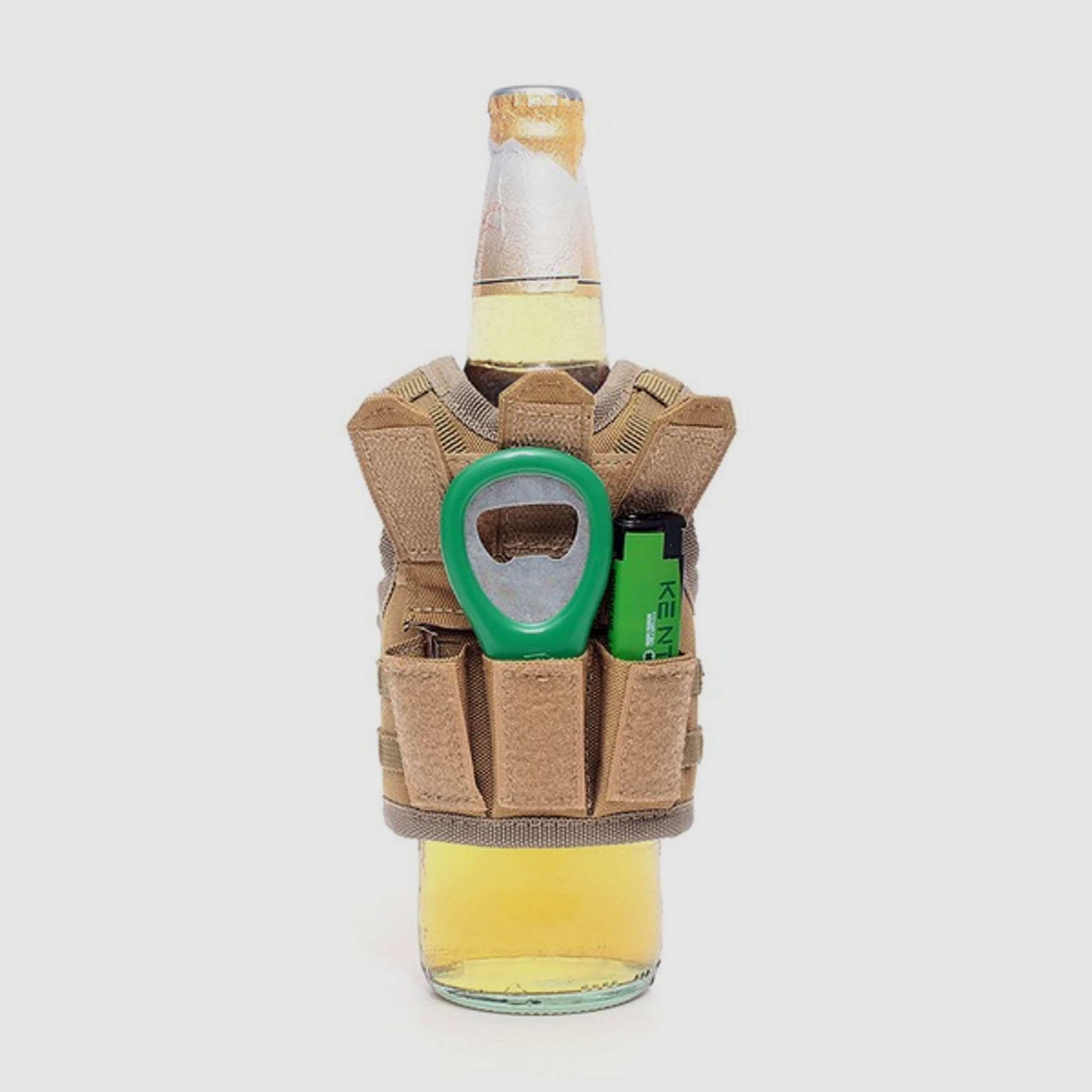 Mini Tactical Schutzweste mit Fronttaschen für Bierflasche / Wein / Thermosflasche - Sand ( Beige )