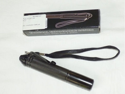 Kleiner Teleskopschlagstock Stahl schwarz mit rutschfestem Griff, Handschlaufe und Gürtelclip