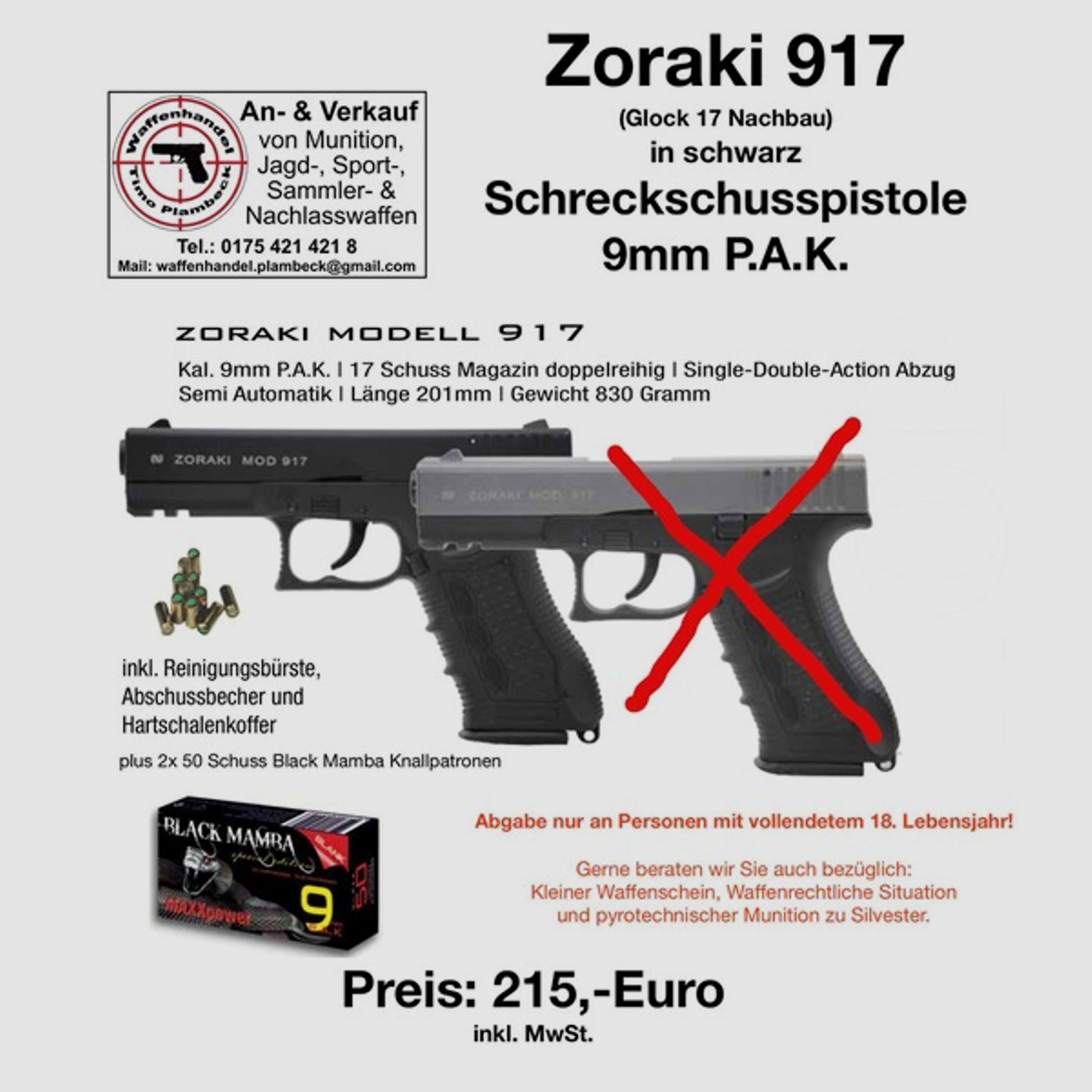 ZORAKI Model 917 schwarz  im Kaliber 9mm P.A.K.  mit 100 Schuss Black Mamba Knallpatronen