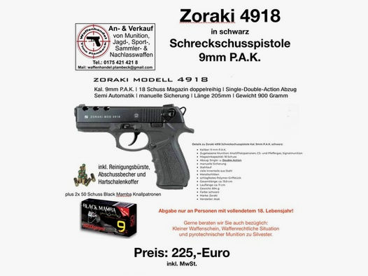 ZORAKI Modell 4918  im Kaliber 9mm P.A.K.   mit 100 Schuss Black Mamba Knallpatronen