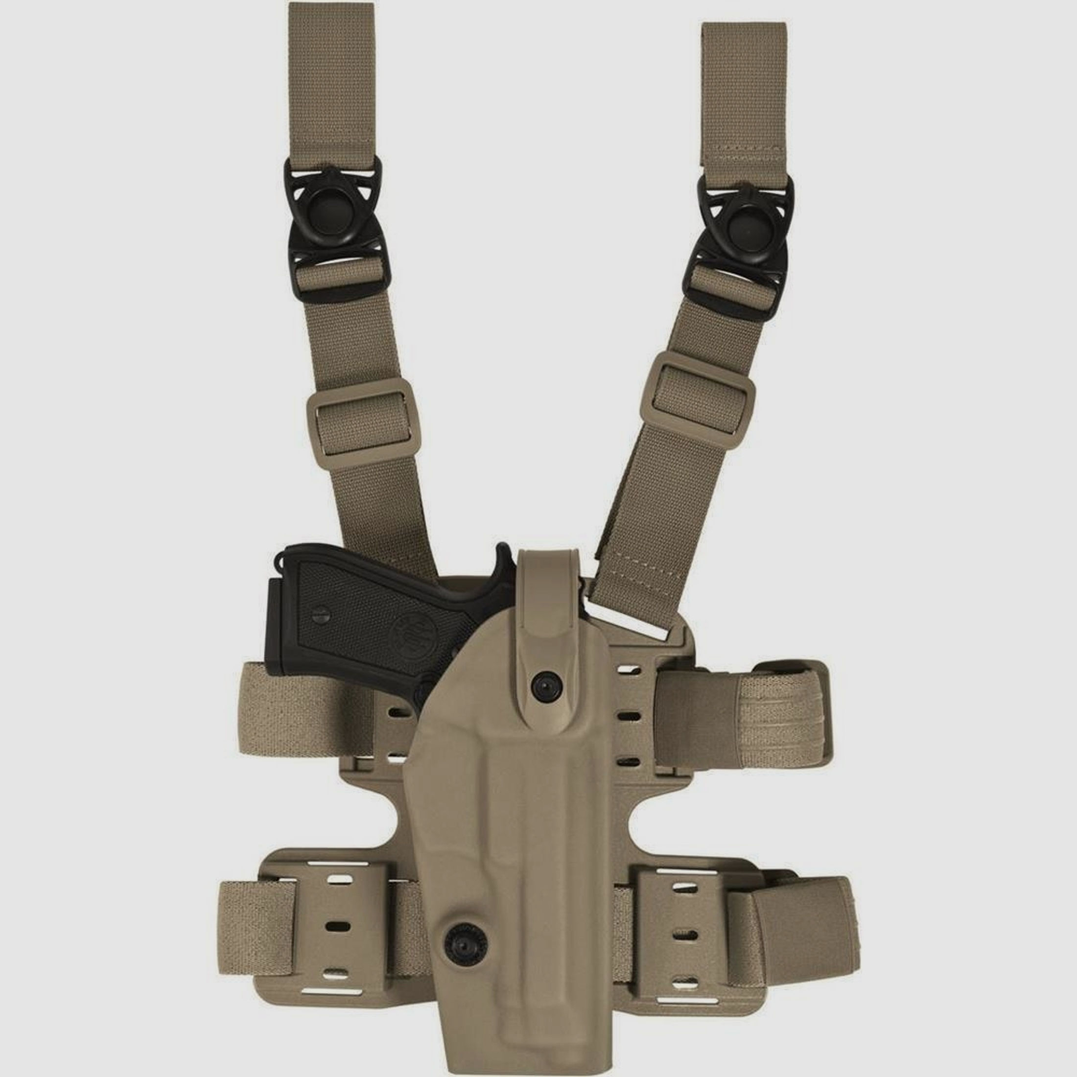 Taktisches Oberschenkelholster "NATION" mit Sicherheitslevel II Glock 19/19X/23//25/32/38/45-Coyote TAN-Rechtshänder