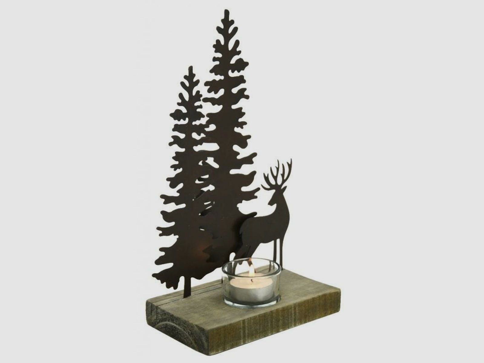 Lovergreen Dekoration Motiv Teelichthalter aus Metall und Holz Motiv: Hirsch im Wald