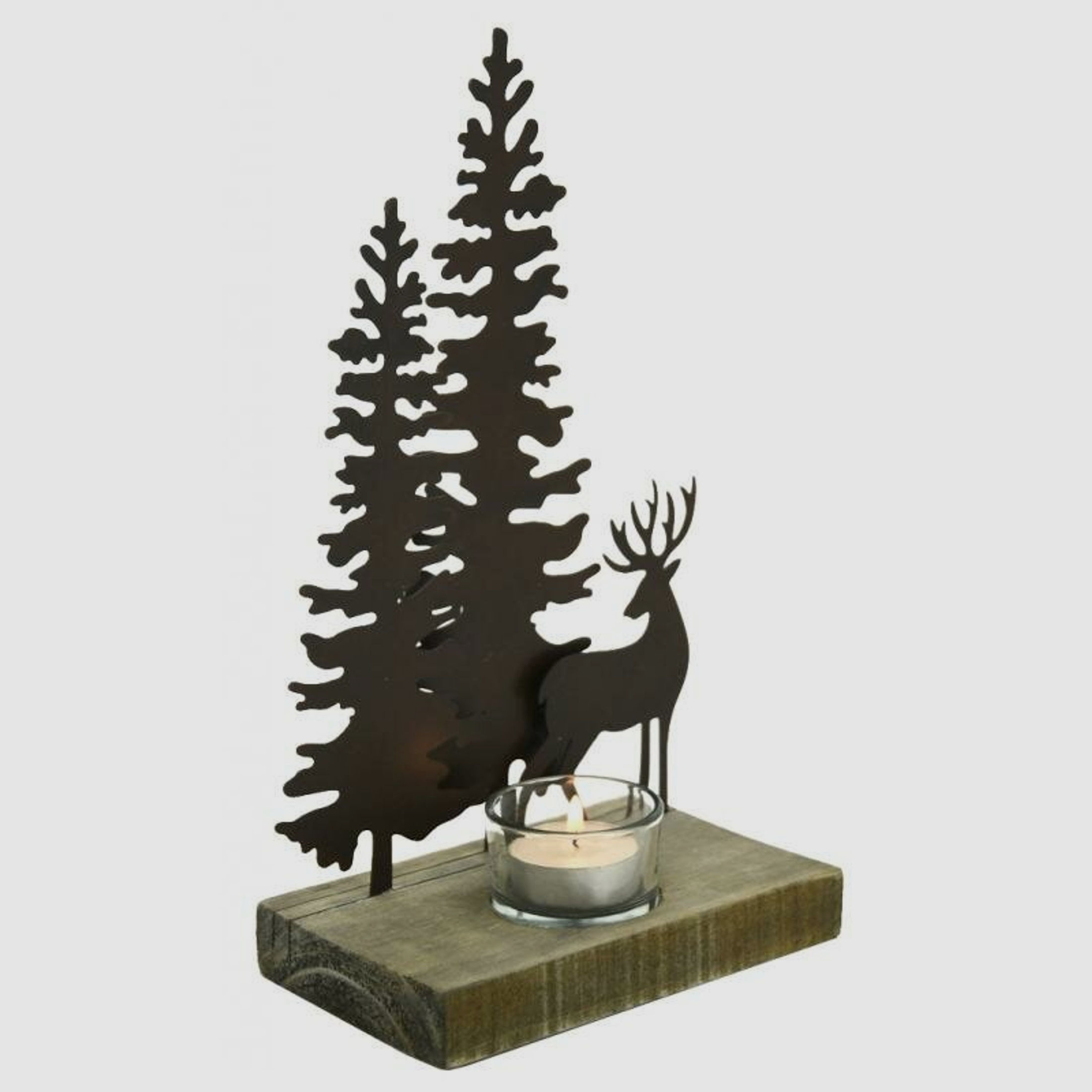 Lovergreen Dekoration Motiv Teelichthalter aus Metall und Holz Motiv: Hirsch im Wald