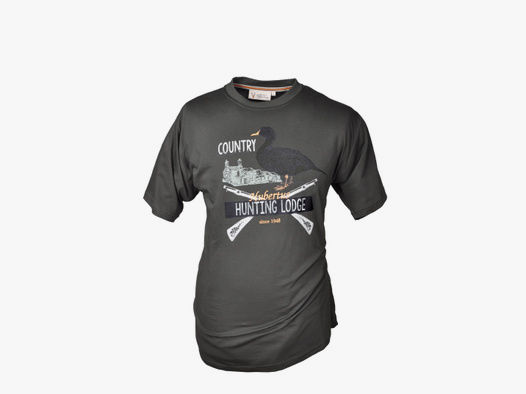 Rundhals Shirt Jagdschloss - Aufdruck Ente und Gewehr