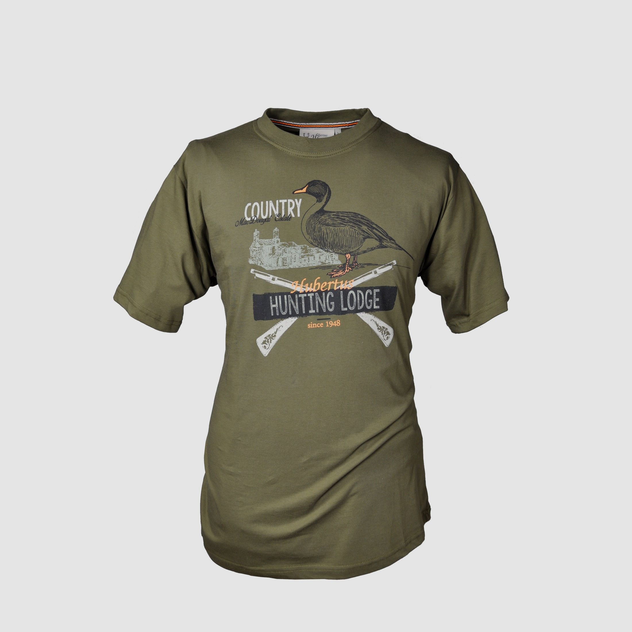 Rundhals Shirt Jagdschloss - Aufdruck Ente und Gewehr