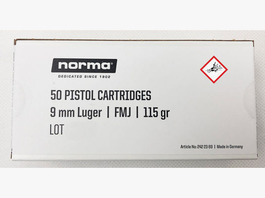 Norma Pistolenpatrone Kal. 9mm Luger VM 115grs Deutsche Fertigung