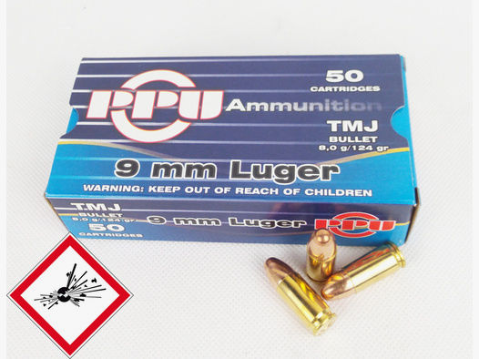 PPU Pistolenpatrone 9mm Luger 124grs VM - TMJ Verkapseltes Geschoss