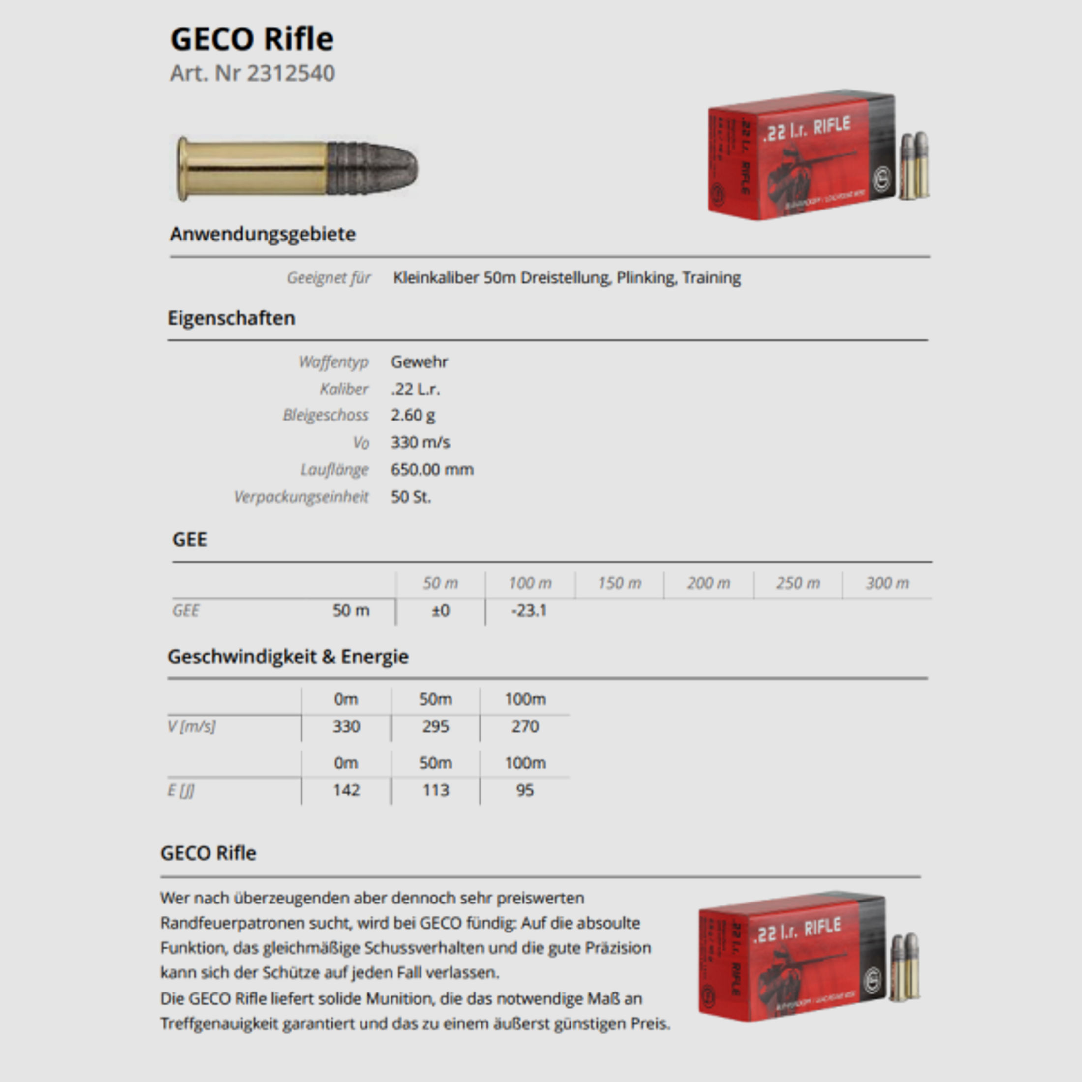 GECO KK-Munition .22lr Rifle 50 Stk SONDERPREIS ab 0,10/Stk