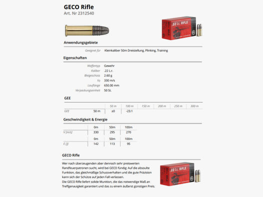 GECO KK-Munition .22lr Rifle 50 Stk SONDERPREIS ab 0,10/Stk