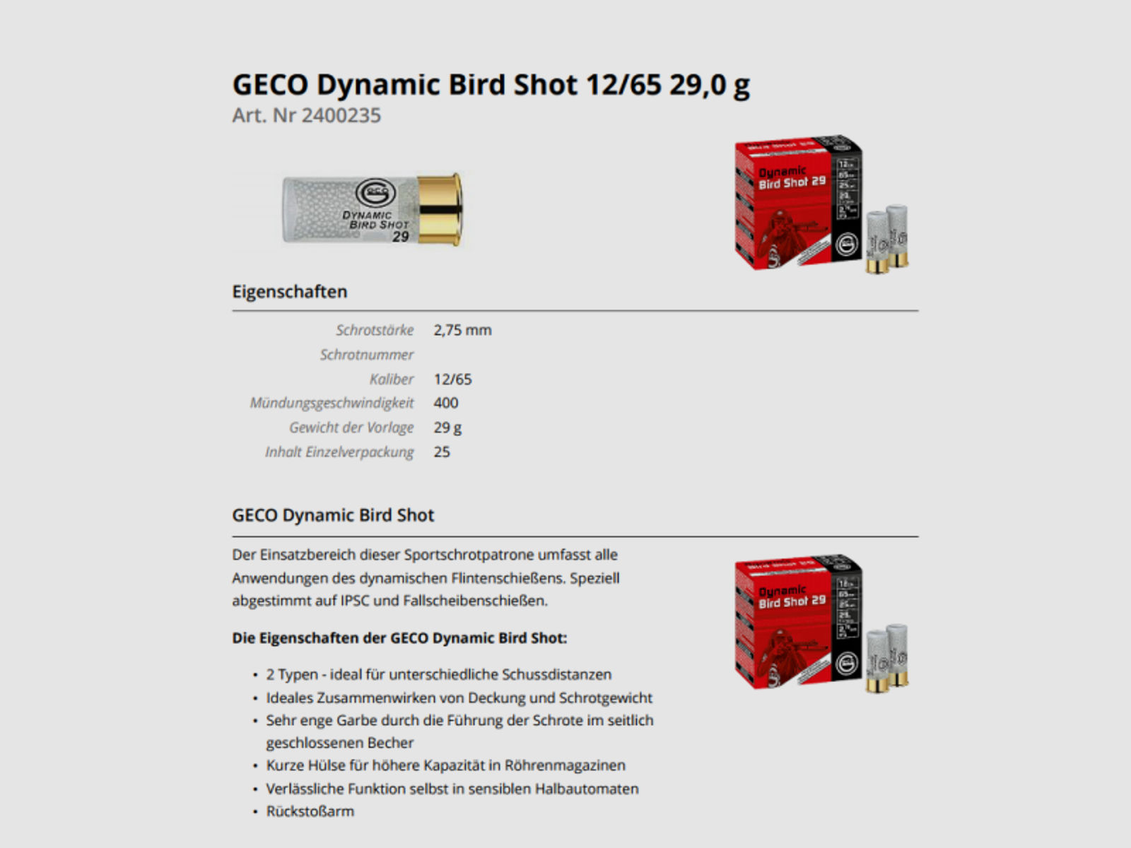 GECO Sport-Schrotpatronen 12/65 Dynamic Bird Shot 31g 25 Stk  2,9mm