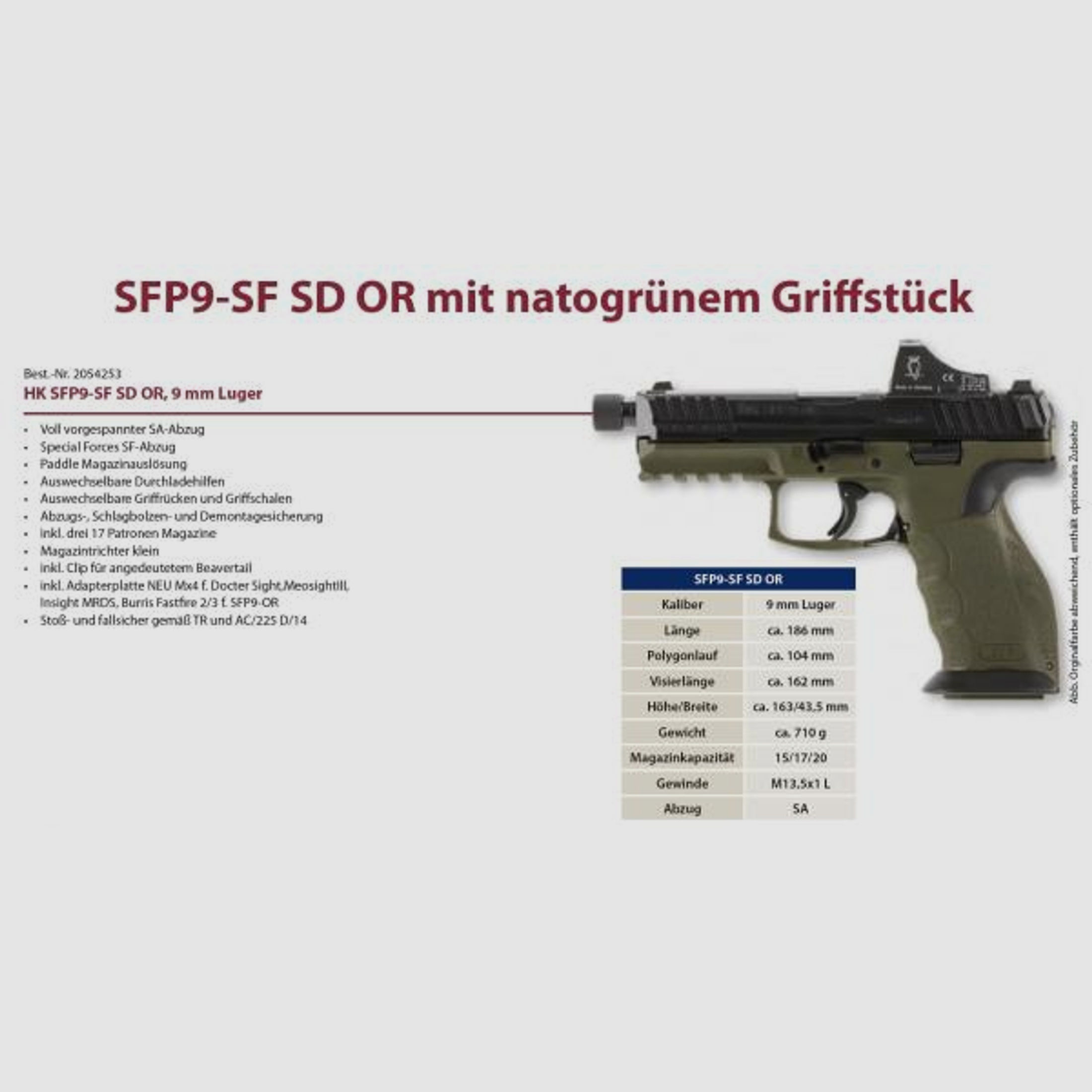 HECKLER & KOCH Pistole Mod. SFP9 OR STOR 9mmLuger    NATO-oliv