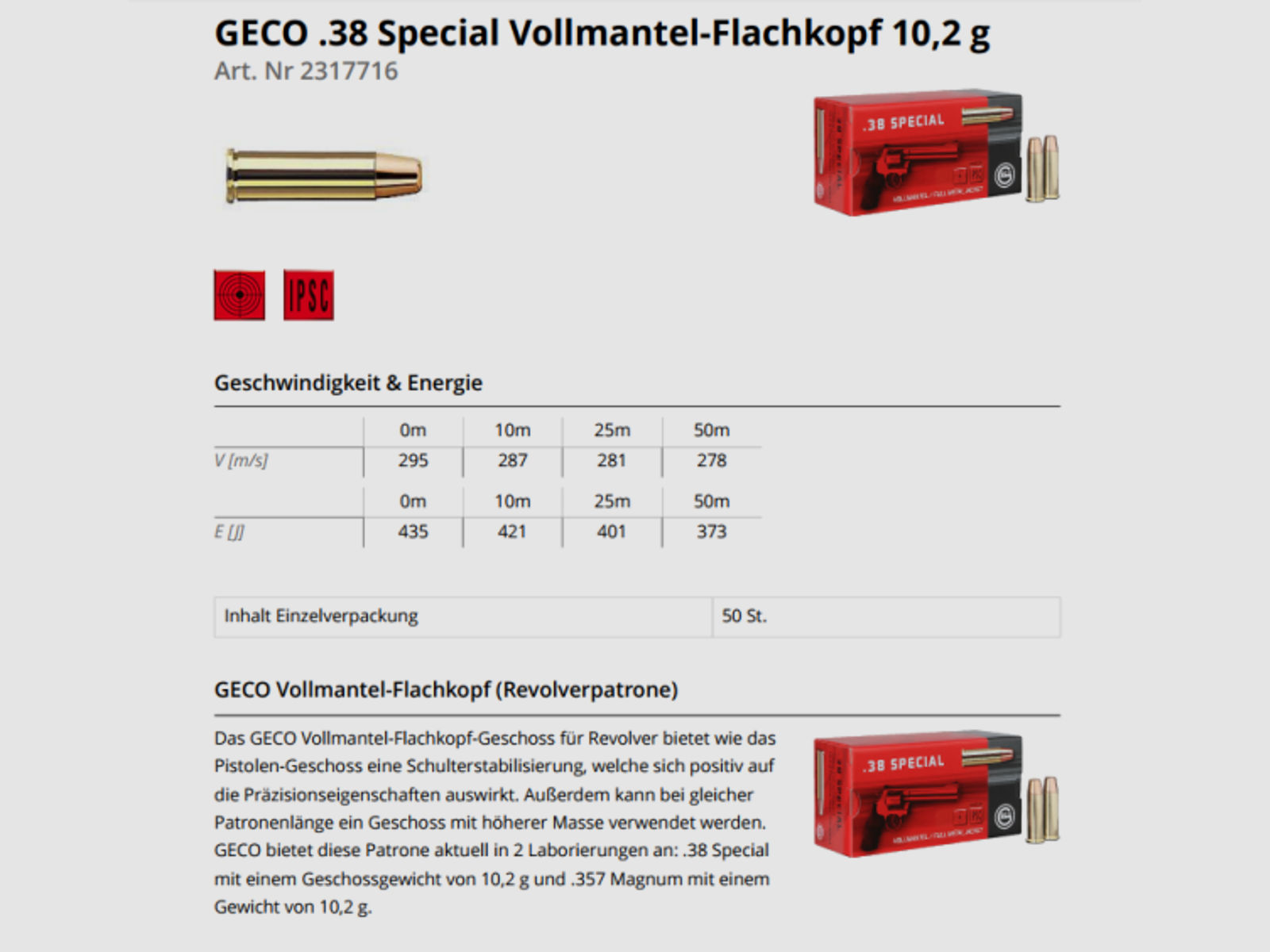 GECO Revolvermunition .38Special VMF 50 Stk  158grs/10,2g