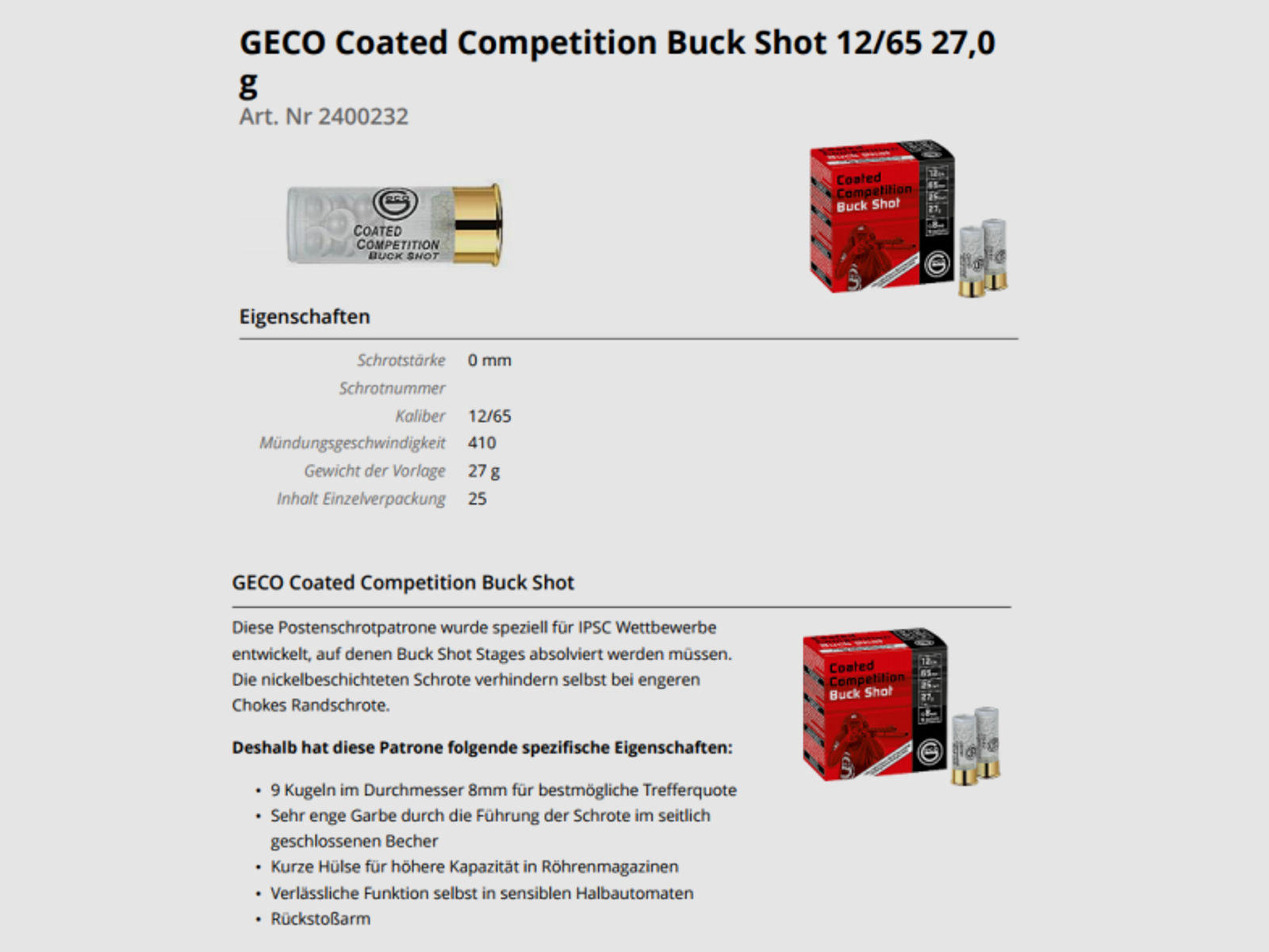 GECO Sport-Schrotpatronen 12/65 Competition Buck Shot 25 Stk 9 Posten / IPSC
