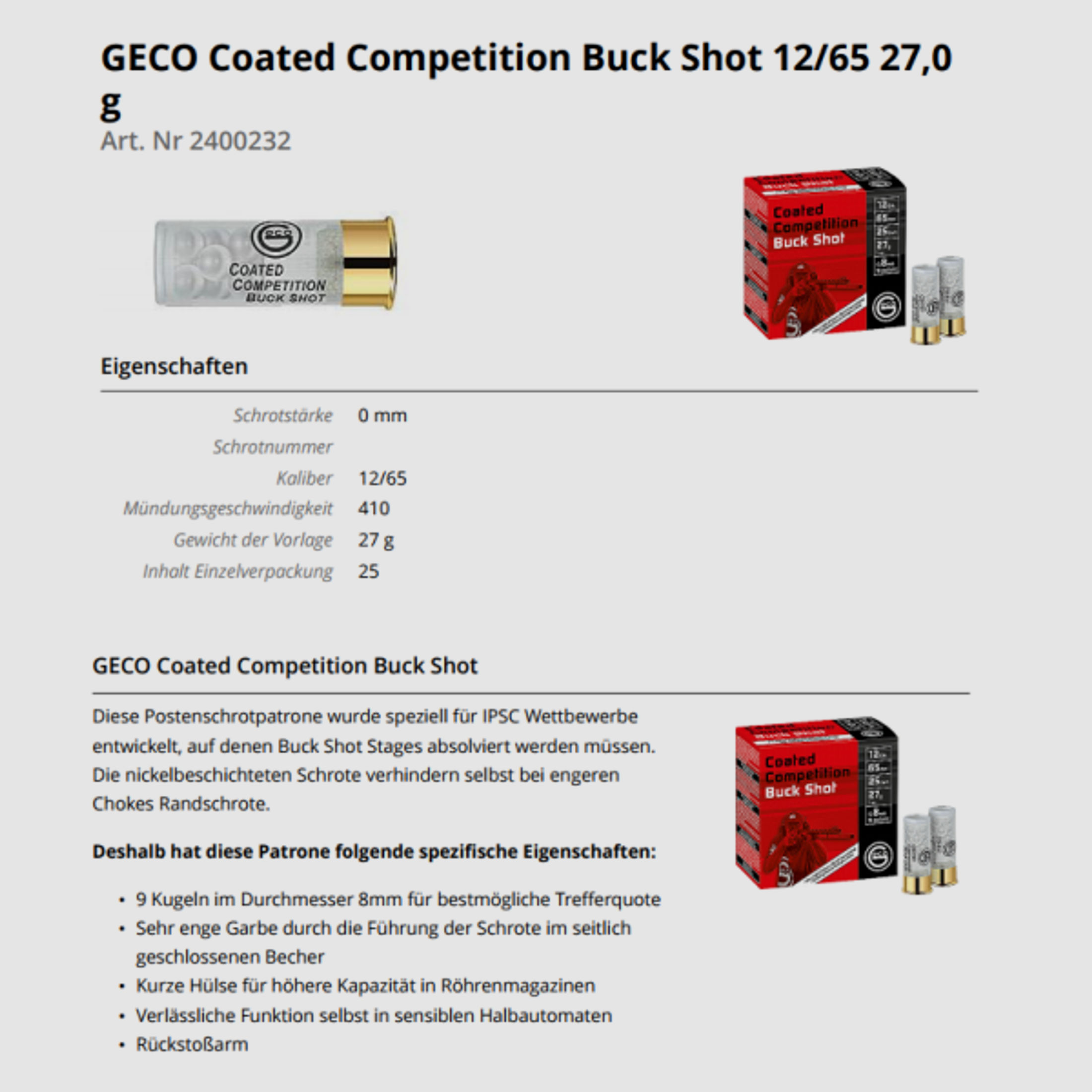 GECO Sport-Schrotpatronen 12/65 Competition Buck Shot 25 Stk 9 Posten / IPSC