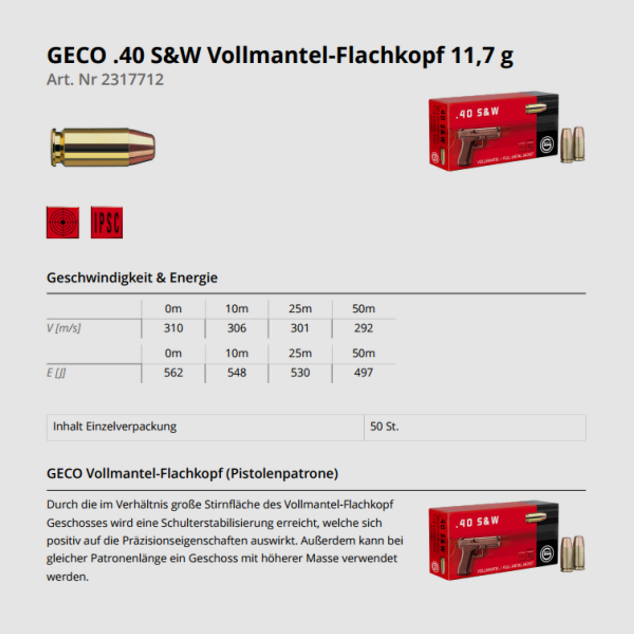 GECO Pistolenmunition .40S&W VMF 180grs/11,7g 50 Stk  180grs/11,7g